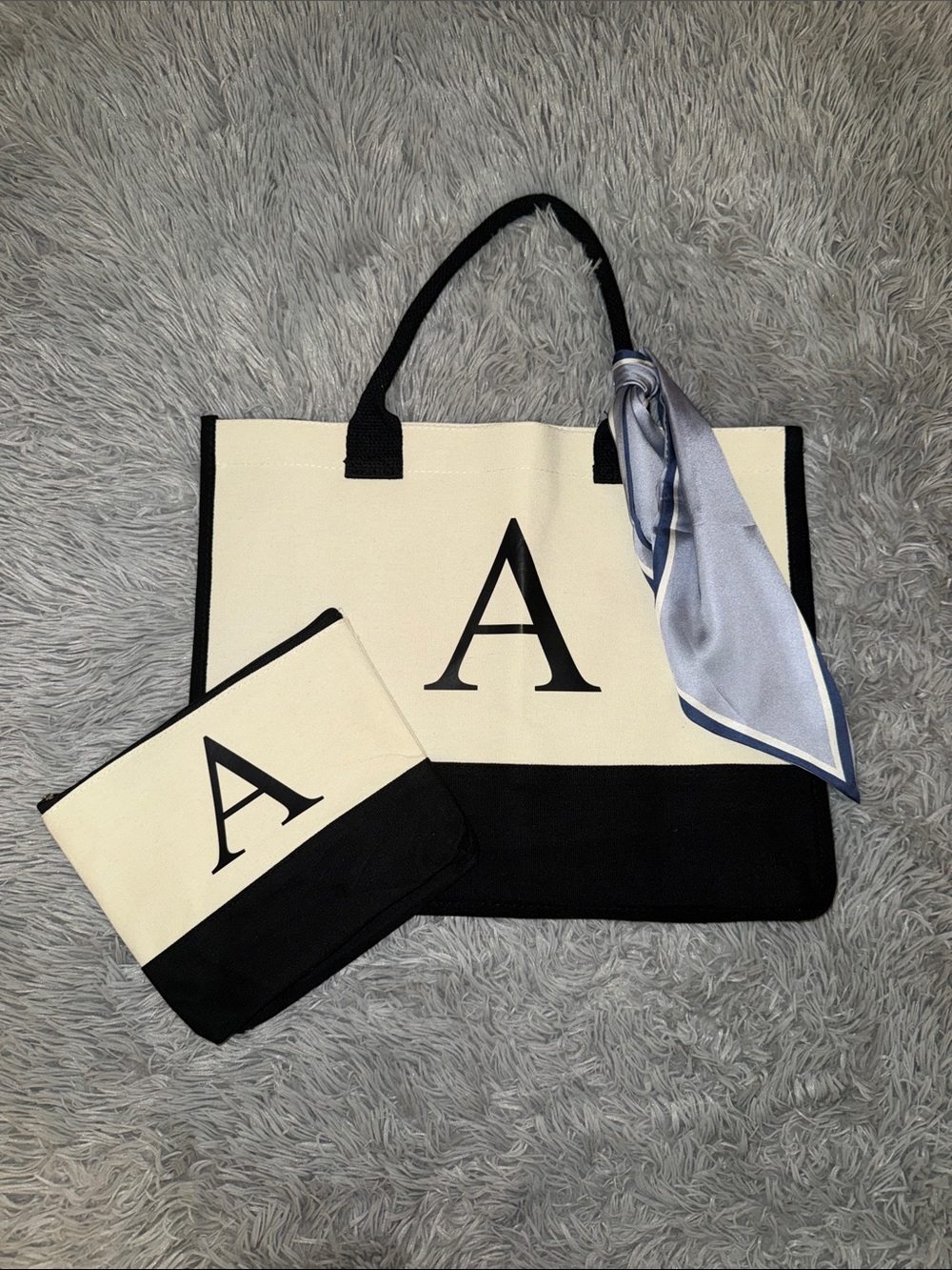 NWOT Canvas Tote Bag with A Monogram and Silk Scarf - Black & Cream